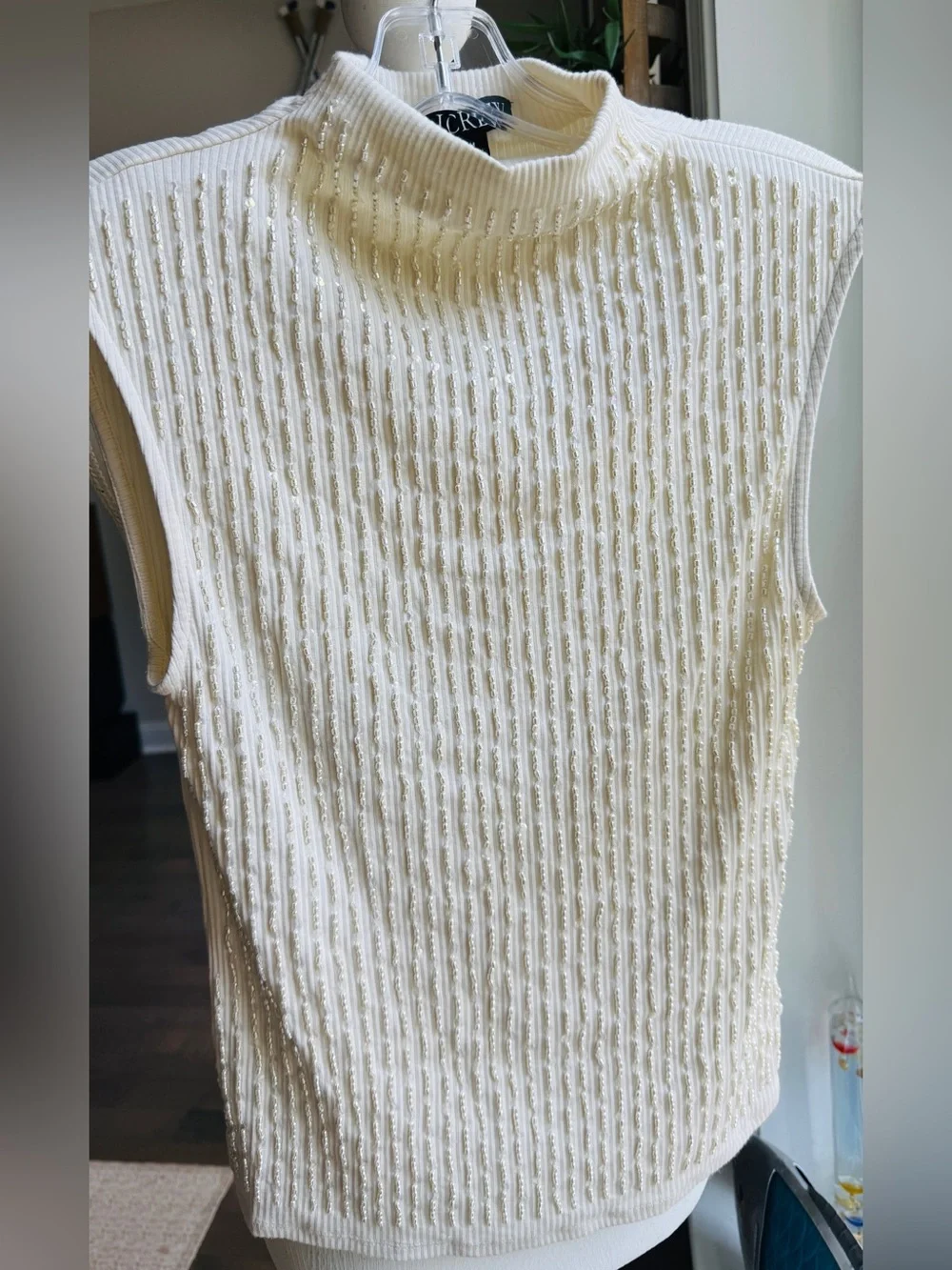 J.Crew Vintage Rib Mockneck with Embellishment Top Cream White